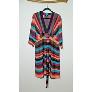 H&M Dress Women's Size 14 Brown Orange Stripes Attached Belt